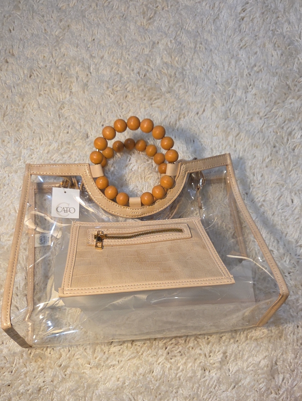 CATO Clear Tote with Beige Trim and Tan Beaded Handles